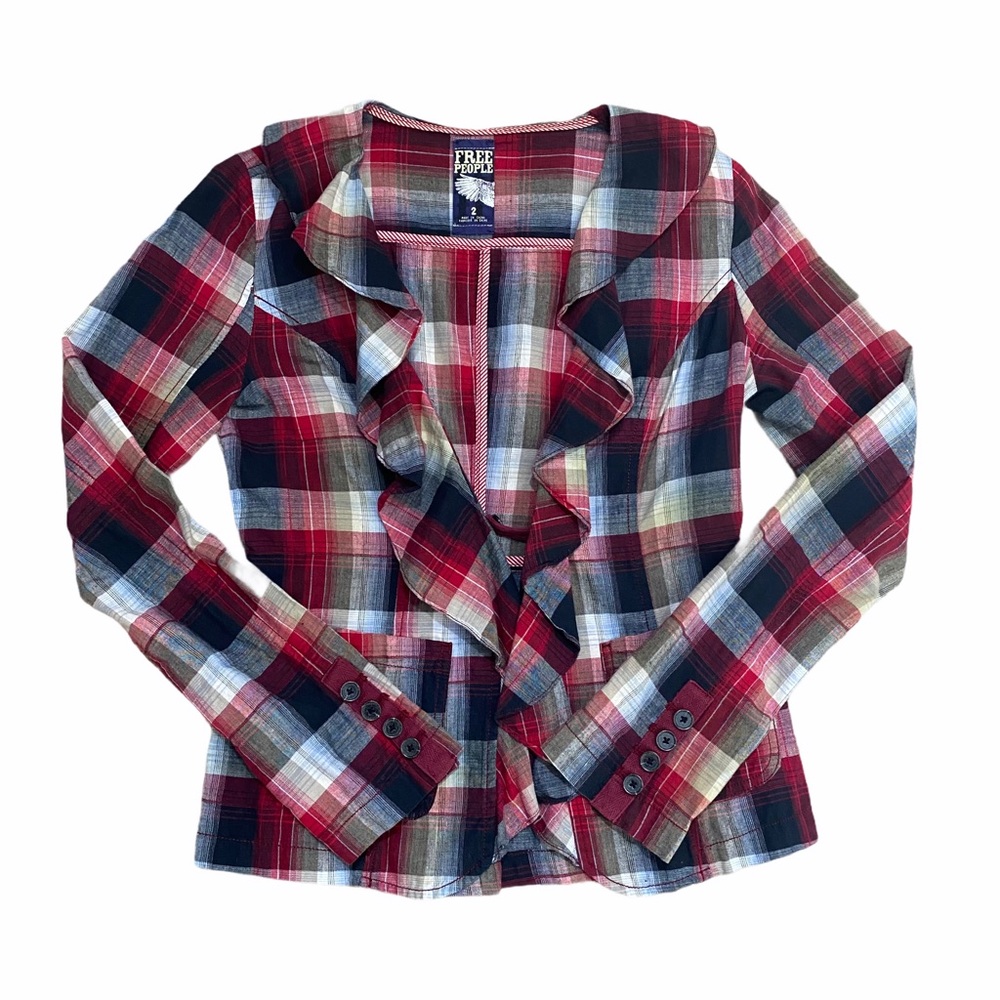 Free People Y2K Liberty Plaid Lightweight Tie Front Blazer Size 2 Boho Academia